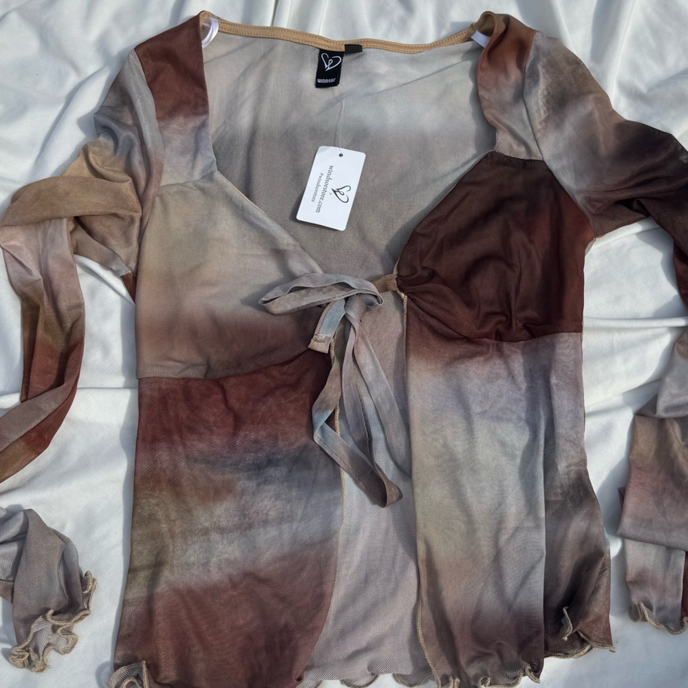 Windsor Sheer Long Sleeve Front Tie Top - BRAND NEW  - Tie Dye Brown, size M
